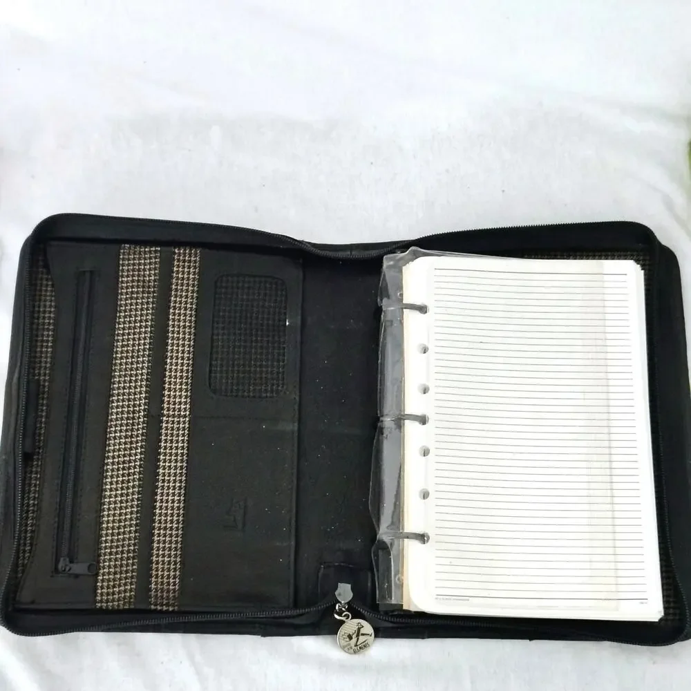 Lodis Black Leather Zip Folio Binder Planner Business Lined Pages Expense Notes